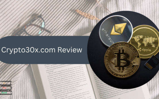 Crypto30x.com Altcoins review featuring Bitcoin, Ethereum, and Ripple coins on a book background