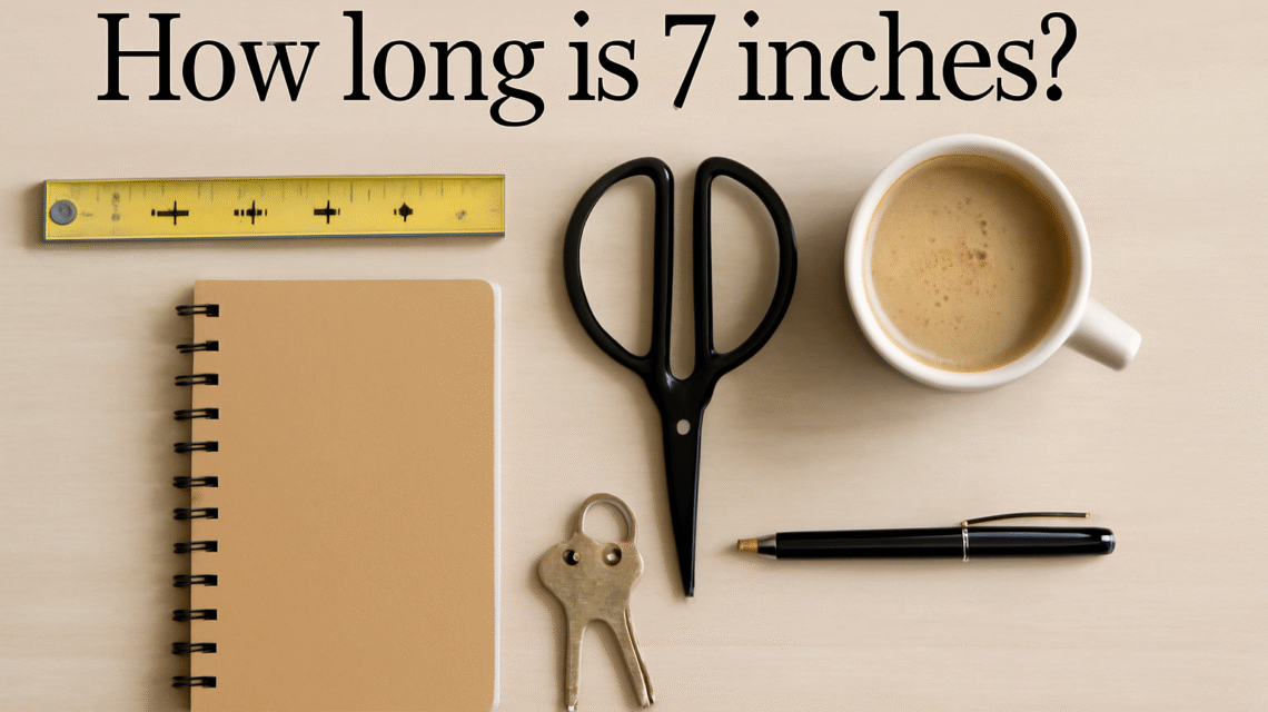 Flat lay photograph of a measuring tape, scissors, notebook, coffee cup, keys, and pen arranged on a wooden surface with the text 'How long is 7 inches?